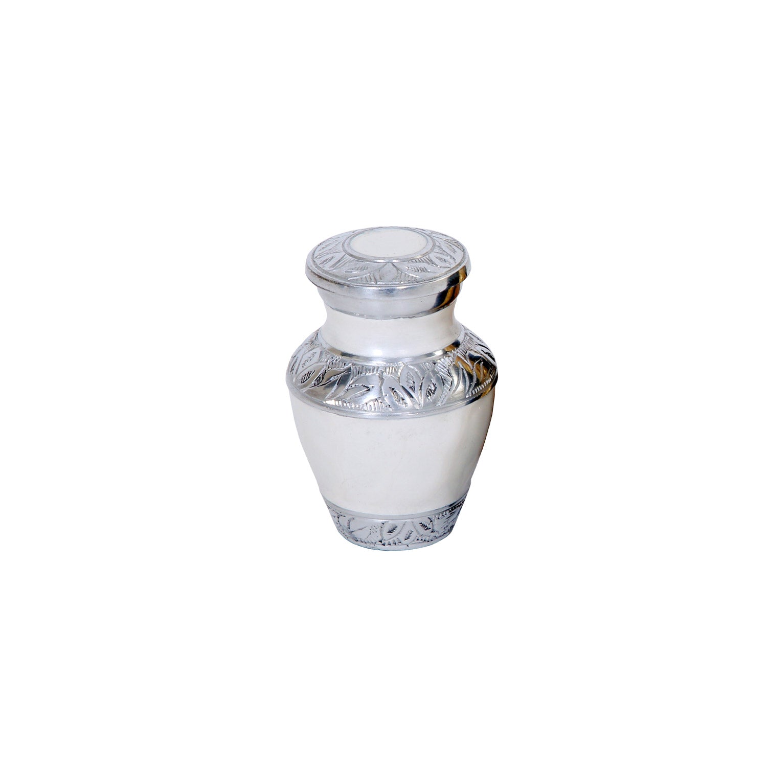 Keepsake Cremation Urn Elegant White with Engraved Leaf Trim Design and Velvet Bag (Product Code NUEWET-K)