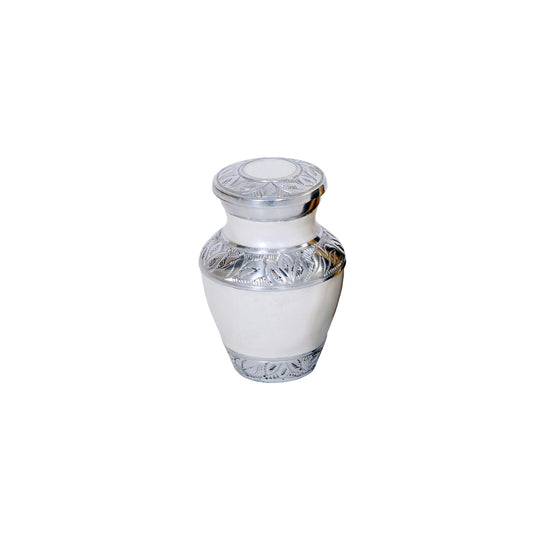 Keepsake Cremation Urn Elegant White with Engraved Leaf Trim Design and Velvet Bag (Product Code NUEWET-K)