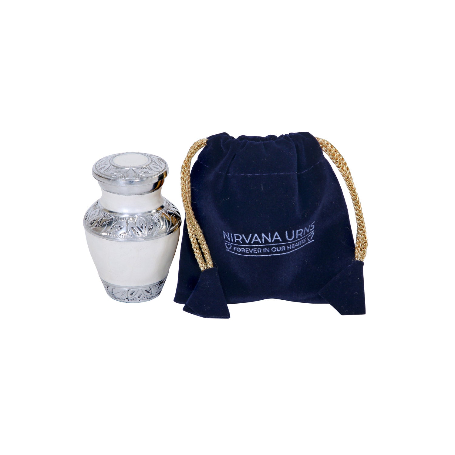 Keepsake Cremation Urn Elegant White with Engraved Leaf Trim Design and Velvet Bag (Product Code NUEWET-K)
