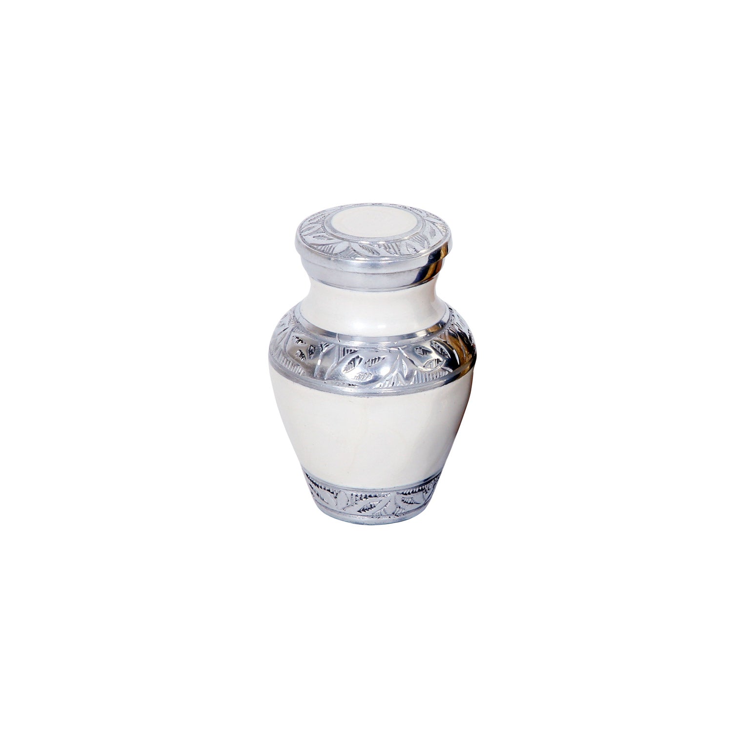 Keepsake Cremation Urn Elegant White with Engraved Ornament Design and Velvet Bag (Product Code NUEWEO-K)