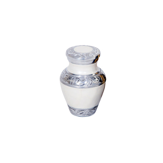 Keepsake Cremation Urn Elegant White with Engraved Ornament Design and Velvet Bag (Product Code NUEWEO-K)