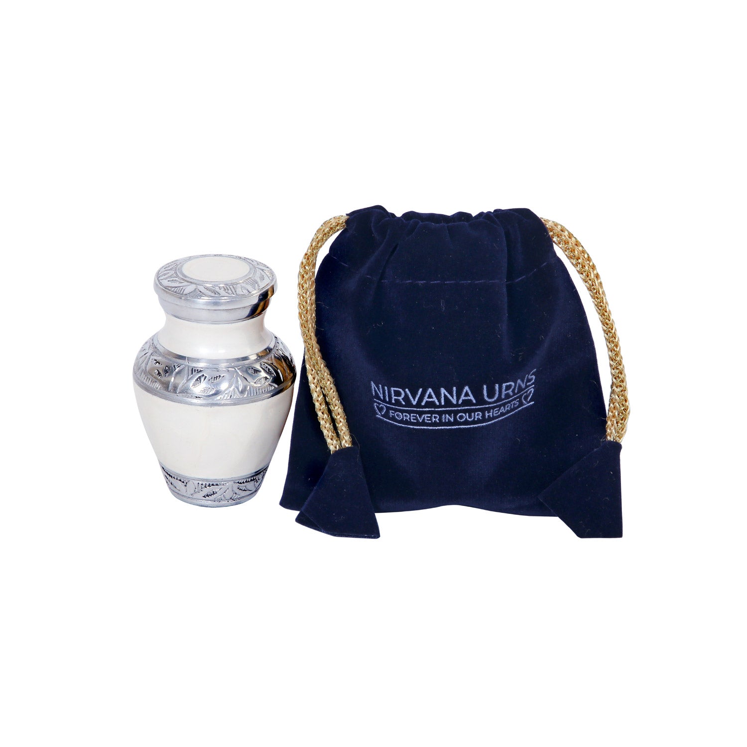 Keepsake Cremation Urn Elegant White with Engraved Ornament Design and Velvet Bag (Product Code NUEWEO-K)
