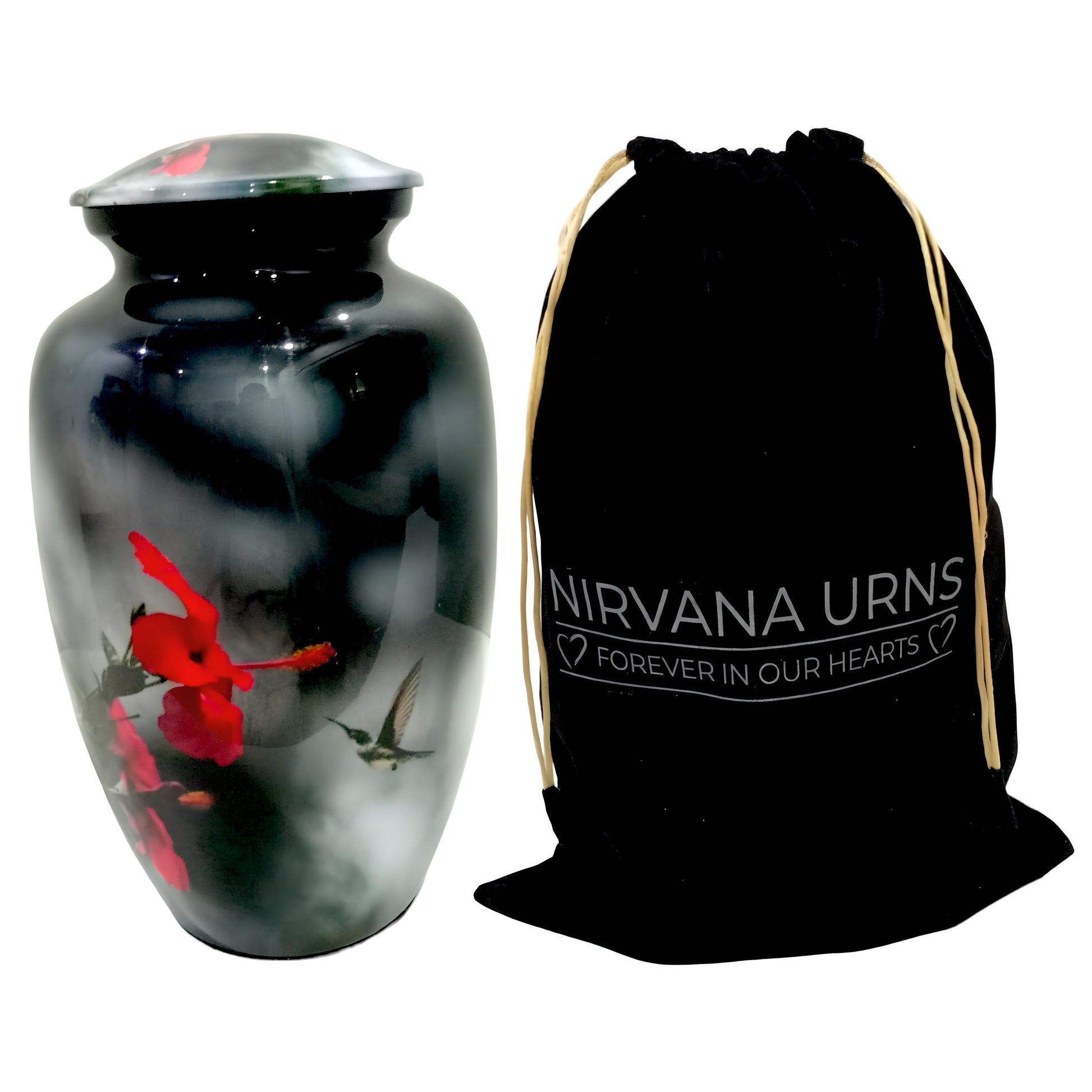 Keepsake Cremation Urn Hummingbird & Red Flower on Dark Gloss Finish (Product Code: NURFHB)