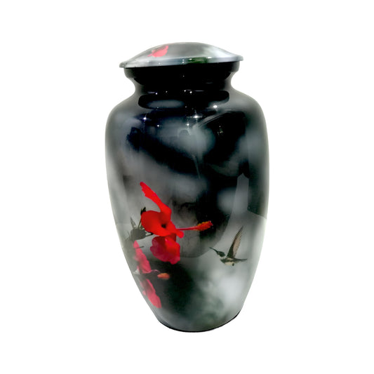 Keepsake Cremation Urn Hummingbird & Red Flower on Dark Gloss Finish (Product Code: NURFHB)
