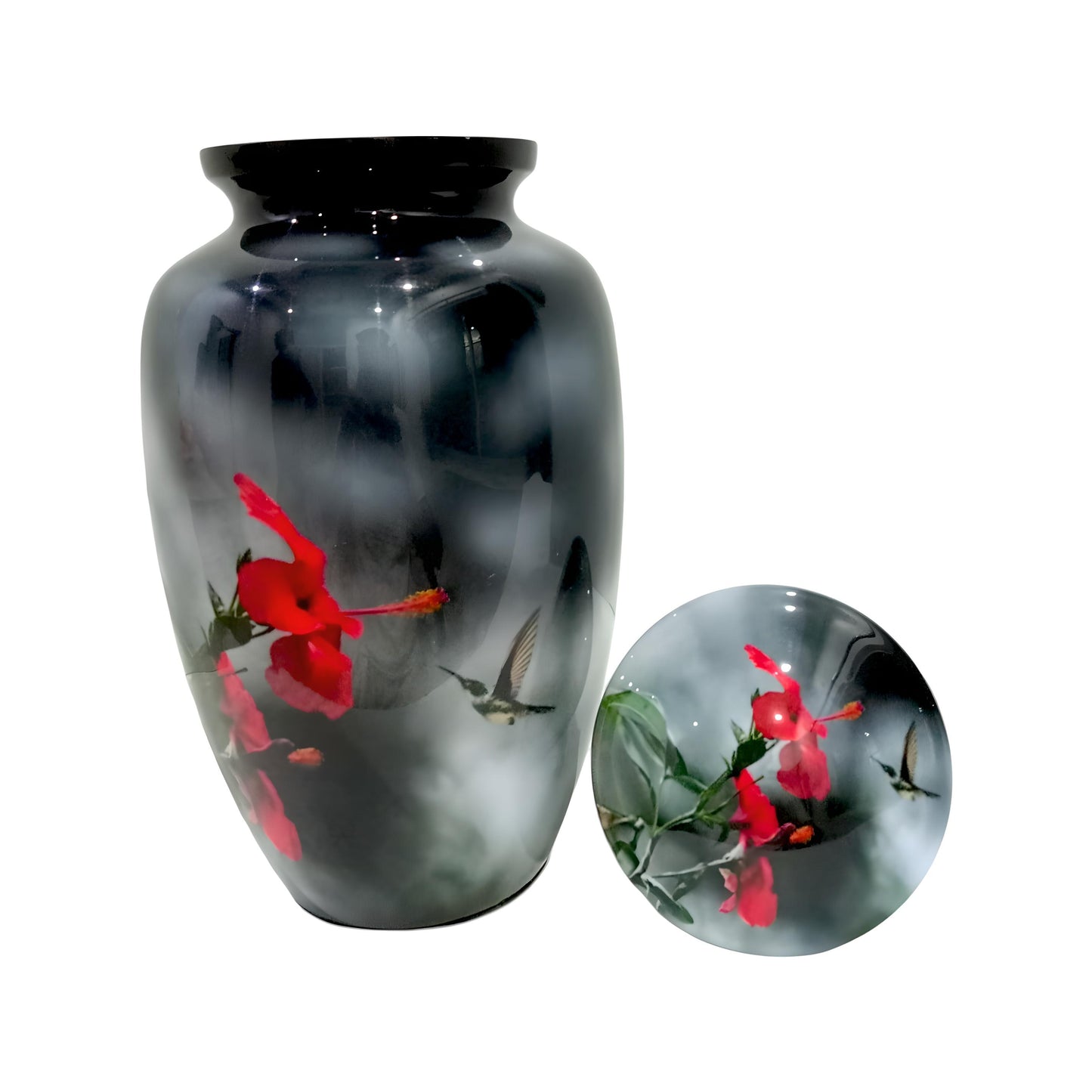 Keepsake Cremation Urn Hummingbird & Red Flower on Dark Gloss Finish (Product Code: NURFHB)