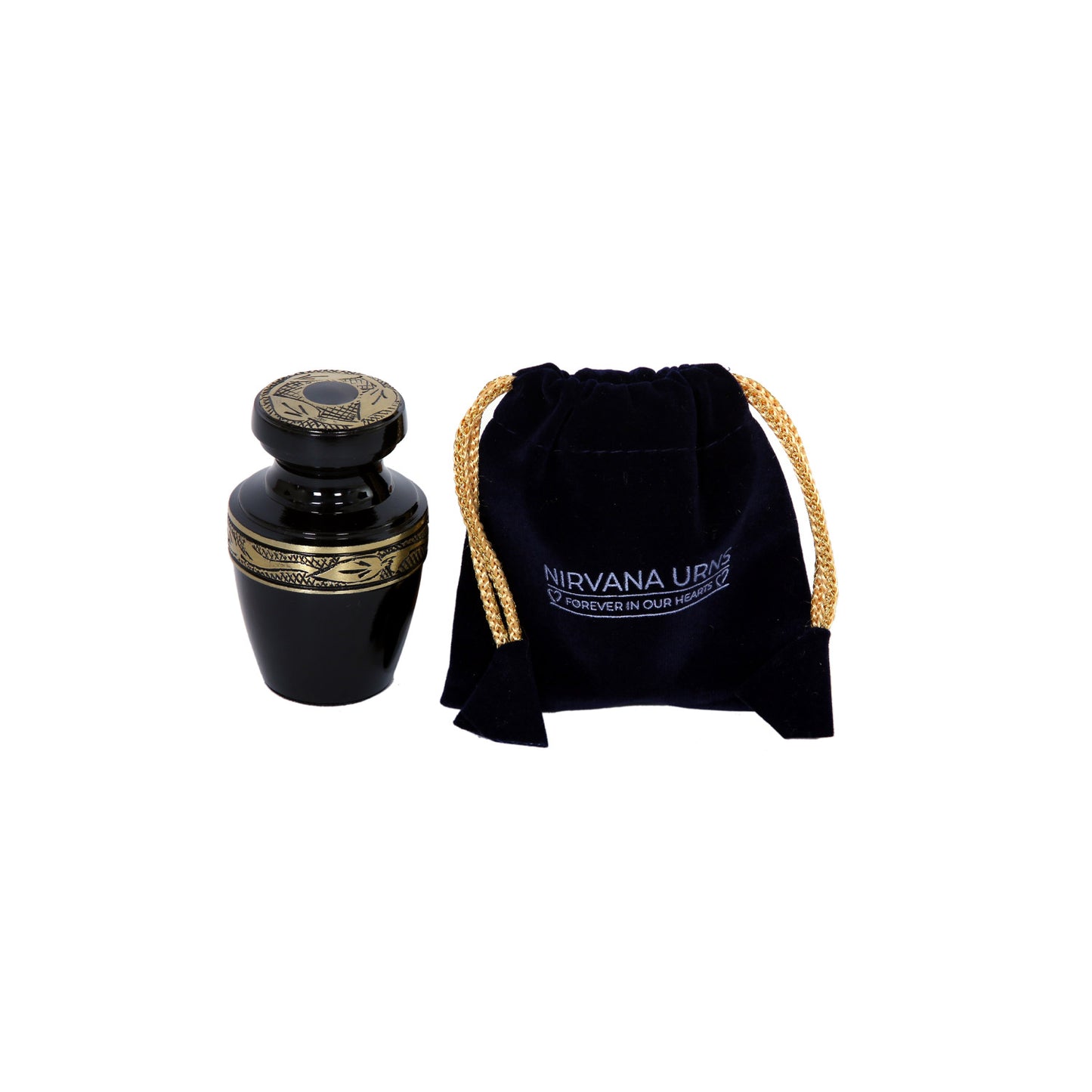 Keepsake Cremation Urn Solid Black & Golden Engraved Design with Velvet Bag – (Product Code: NUEBE-K)