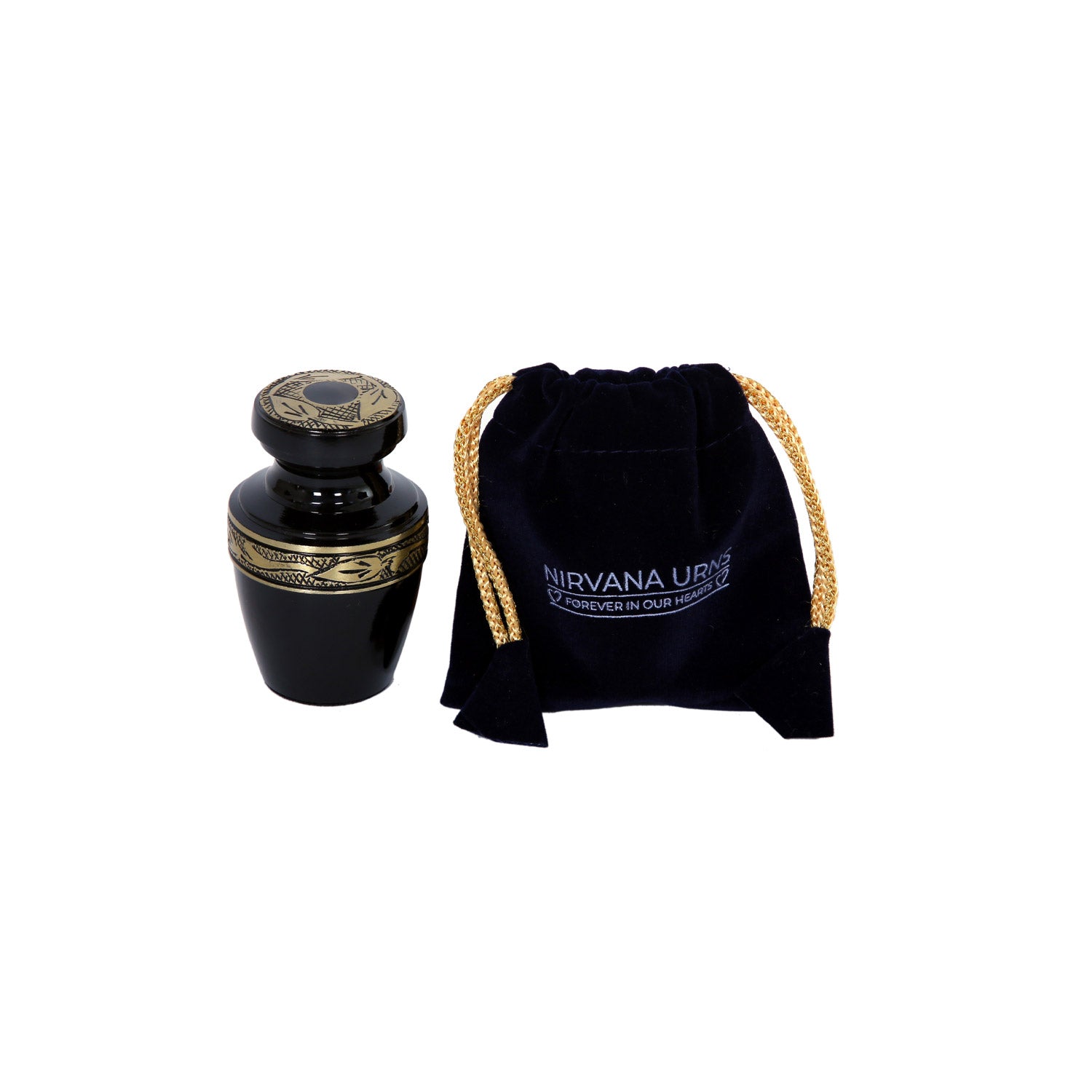 Keepsake Cremation Urn Solid Black & Golden Engraved Design with Velvet Bag – (Product Code: NUEBE-K)