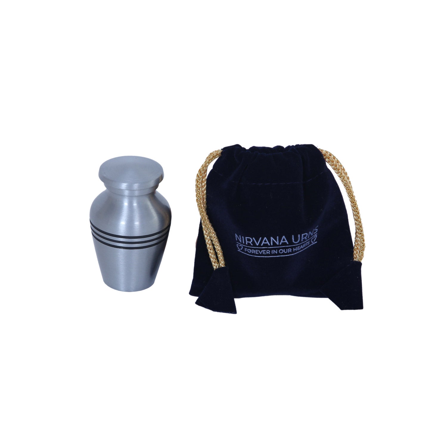 Keepsake Cremation Urn Solid Silver & Three Black Stripes with Velvet Bag – (Product Code: NUSTBS-K)