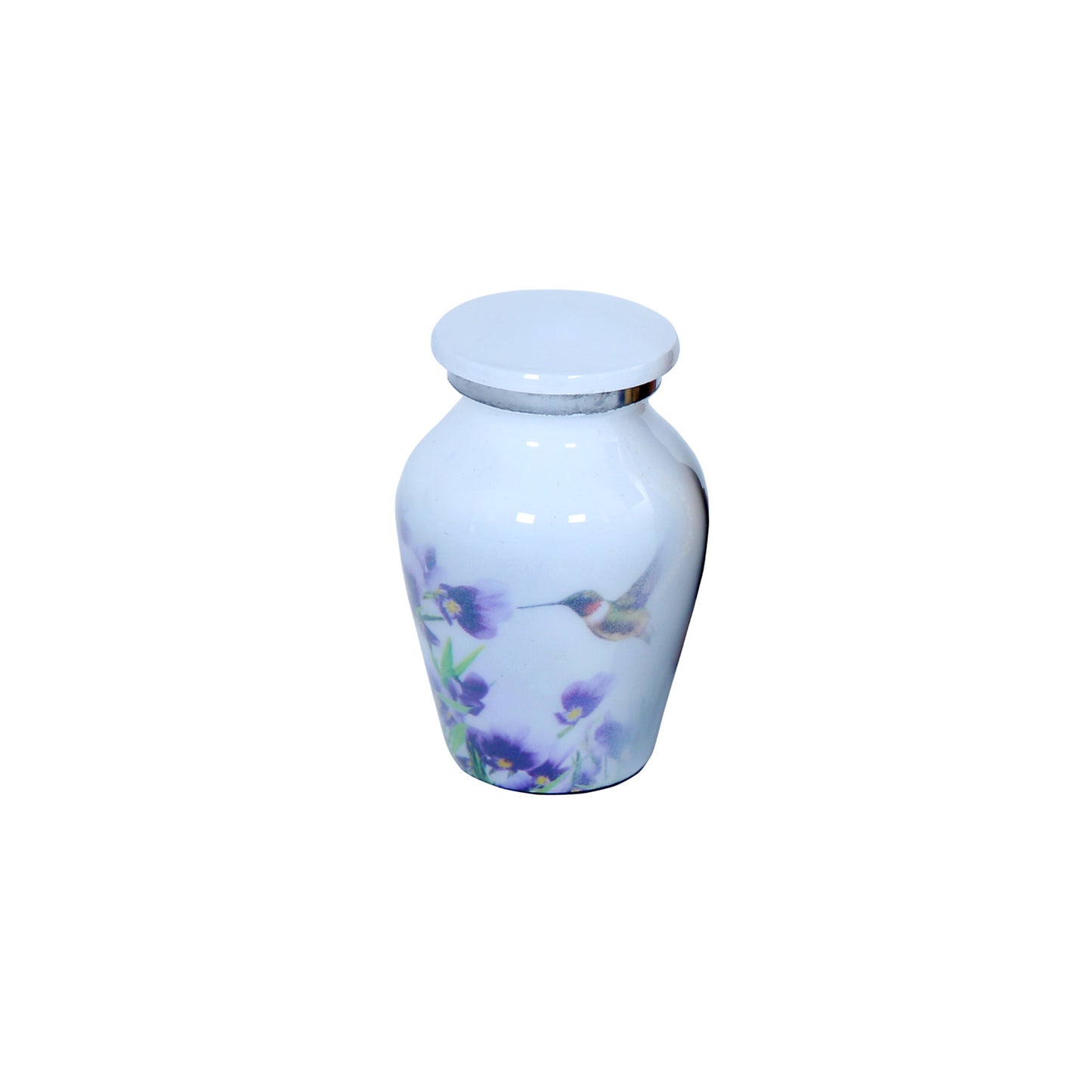 Keepsake Cremation Urn White Finish with Hummingbird and Purple Flower Design and Velvet Bag (Product Code NUWHT-K)