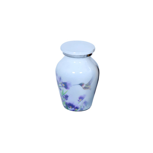 Keepsake Cremation Urn White Finish with Hummingbird and Purple Flower Design and Velvet Bag (Product Code NUWHT-K)