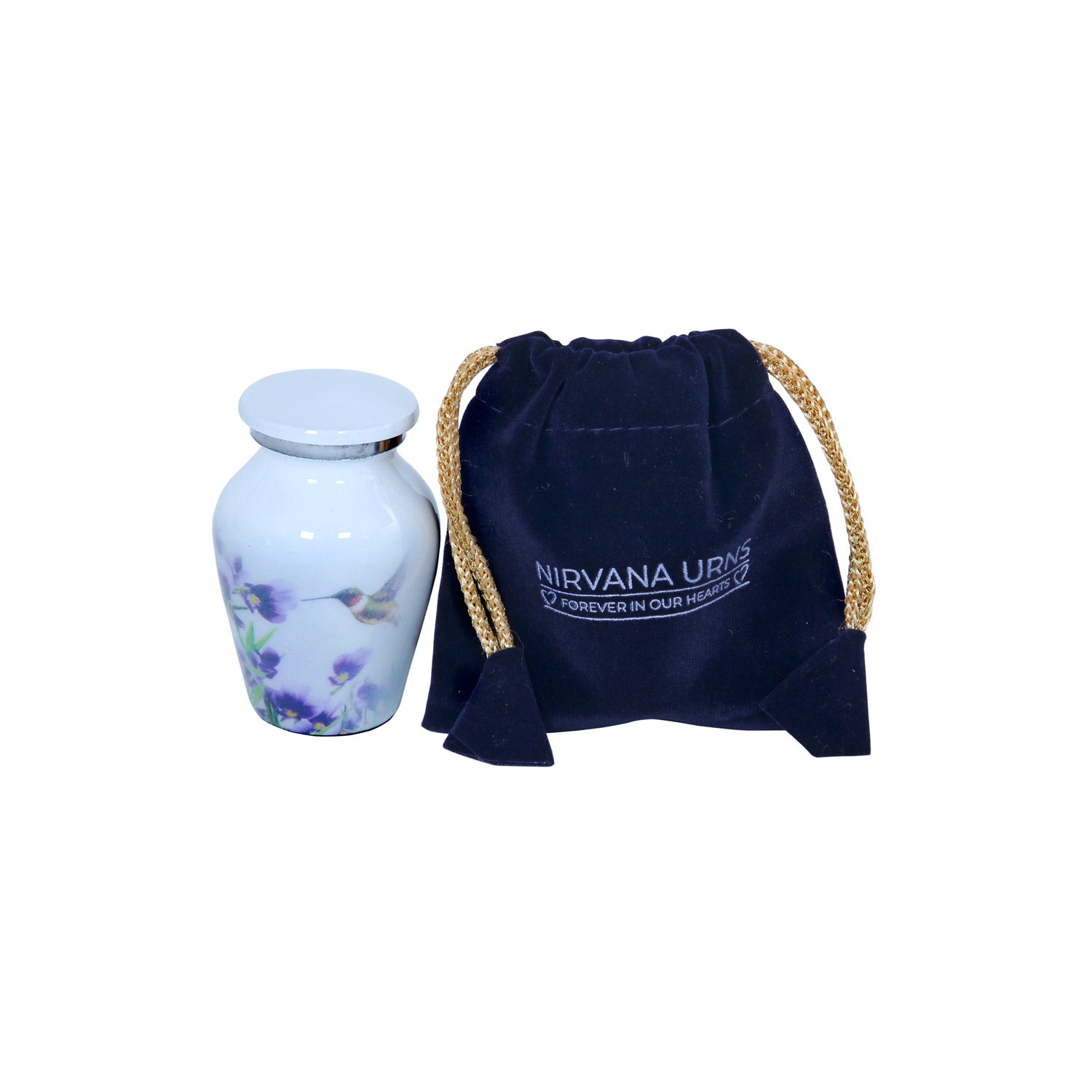 Keepsake Cremation Urn White Finish with Hummingbird and Purple Flower Design and Velvet Bag (Product Code NUWHT-K)
