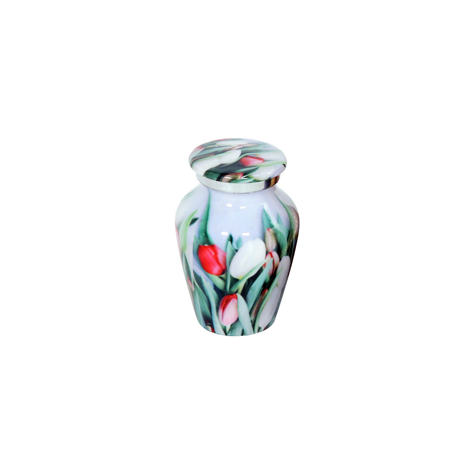 Keepsake Cremation Urn White and Red Tulip Flowers Design with velvet bag - (Product Code NUPT-K)