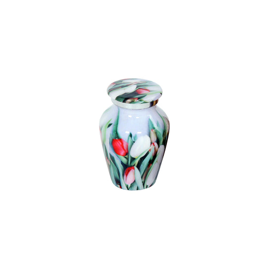 Keepsake Cremation Urn White and Red Tulip Flowers Design with velvet bag - (Product Code NUPT-K)