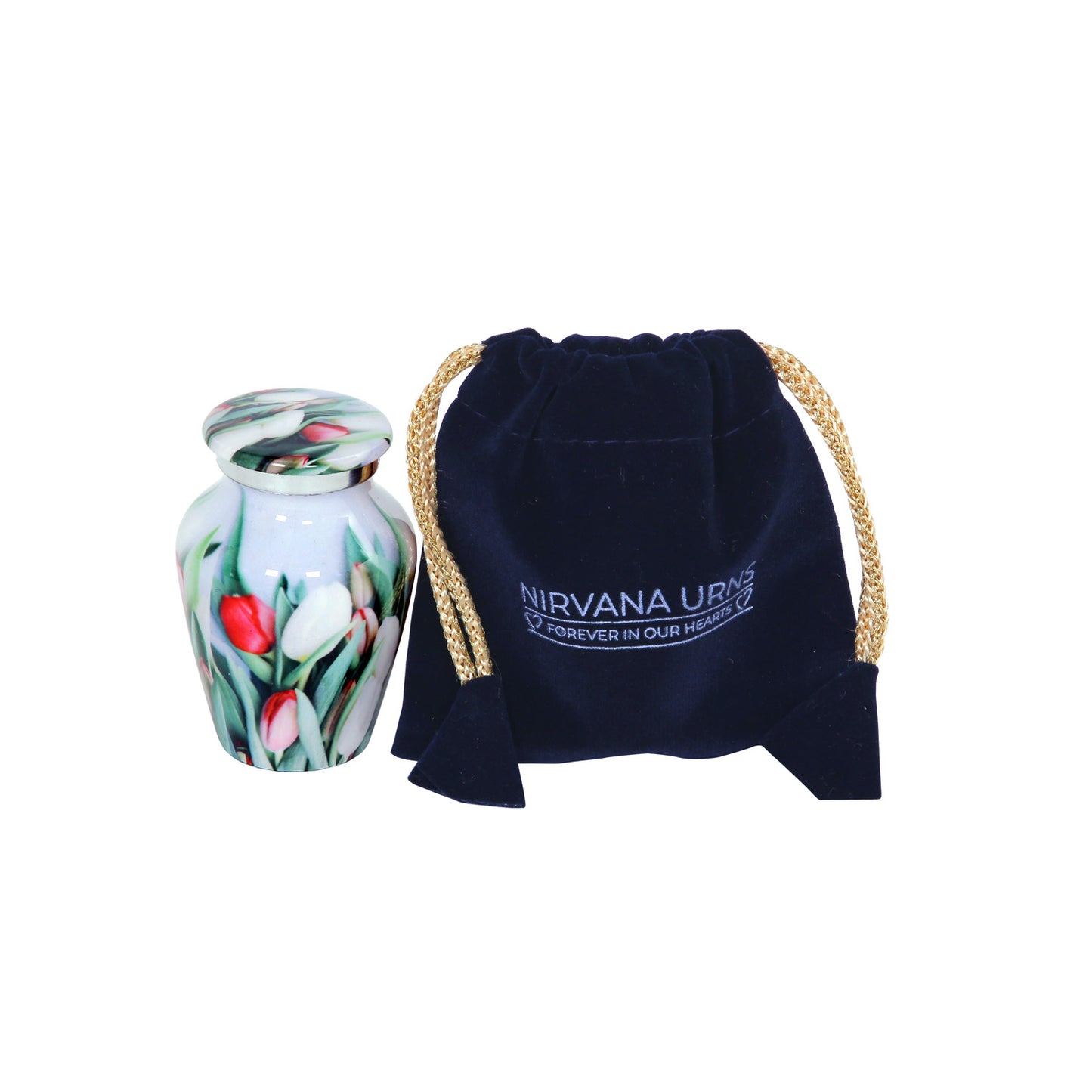 Keepsake Cremation Urn White and Red Tulip Flowers Design with velvet bag - (Product Code NUPT-K)
