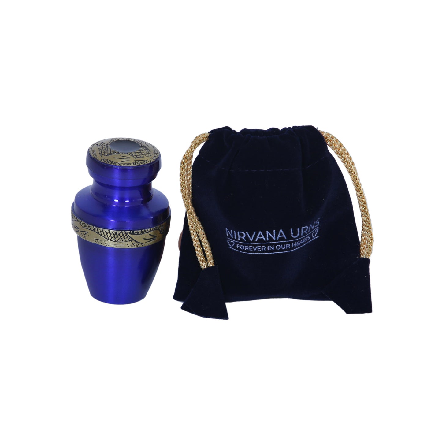 Keepsake Cremation Urn Royal Blue with Antique Golden Yellow Engraved Band and Velvet Bag (Product Code NUABE-K)