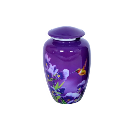 Adult Cremation Urn Purple Finish Hummingbird and Floral Design & Velvet Bag (Product Code NUPUR-A)