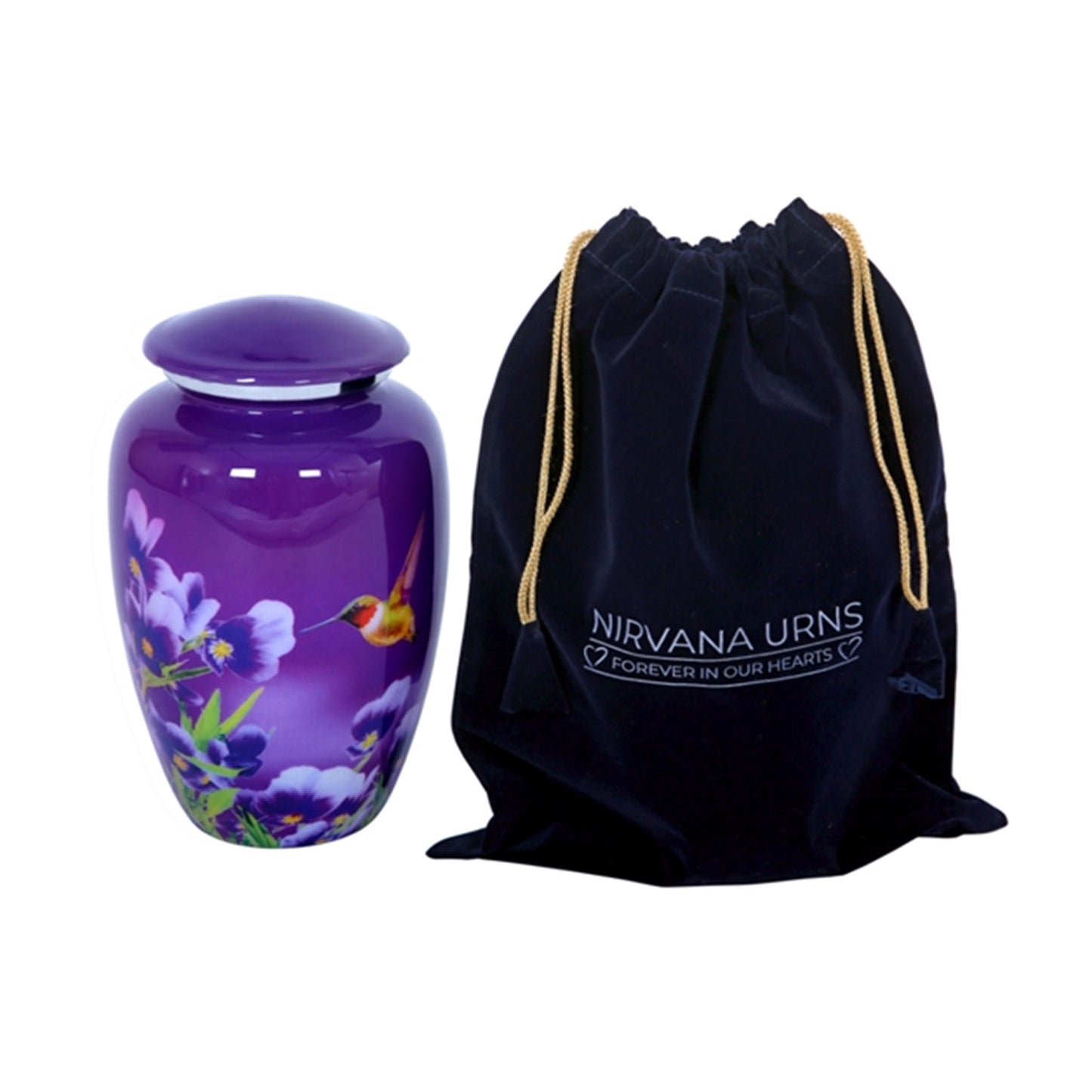 Adult Cremation Urn Purple Finish Hummingbird and Floral Design & Velvet Bag (Product Code NUPUR-A)