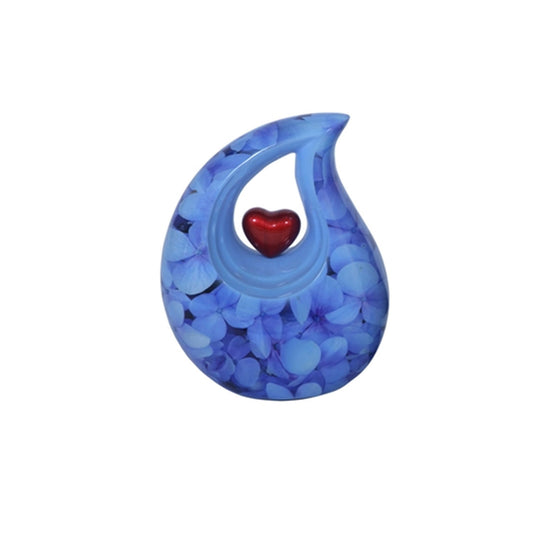 Adult Cremation Urn Aluminum Teardrop Design Blue Floral & Red Heart Centerpiece (Product Code NUENPEL-A)