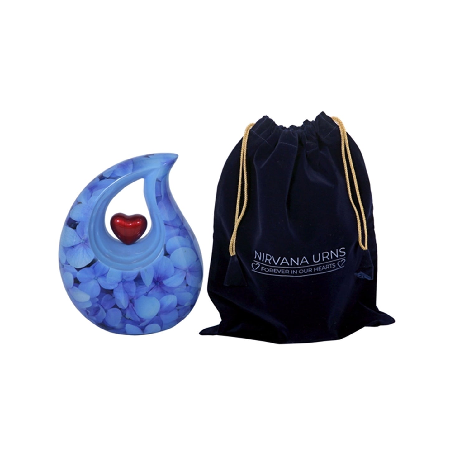 Adult Cremation Urn Aluminum Teardrop Design Blue Floral & Red Heart Centerpiece (Product Code NUENPEL-A)