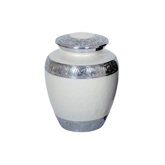 Adult Cremation Urn Elegant White Finish & Engraved Leaf Band Design (Product Code NUEWET-A)