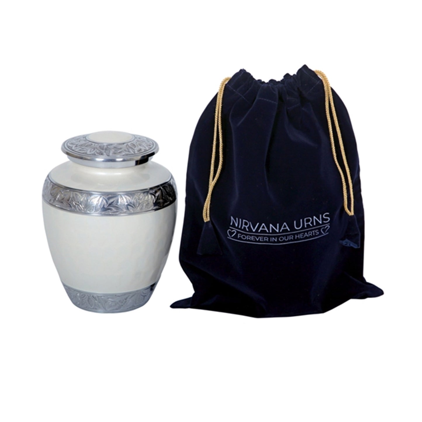Adult Cremation Urn Elegant White Finish & Engraved Leaf Band Design (Product Code NUEWET-A)