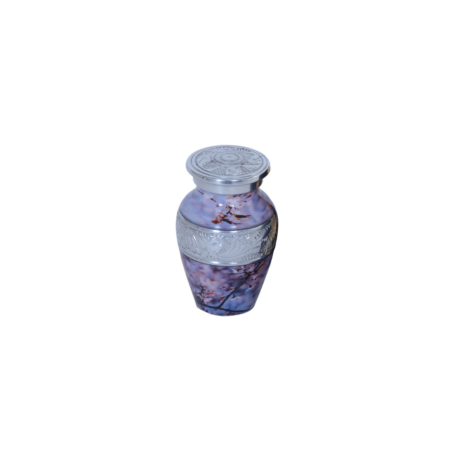 Keepsake Cremation Urn White & Brown Flowers Shrub Design with Velvet Bag - (Product Code NUPNI-K)