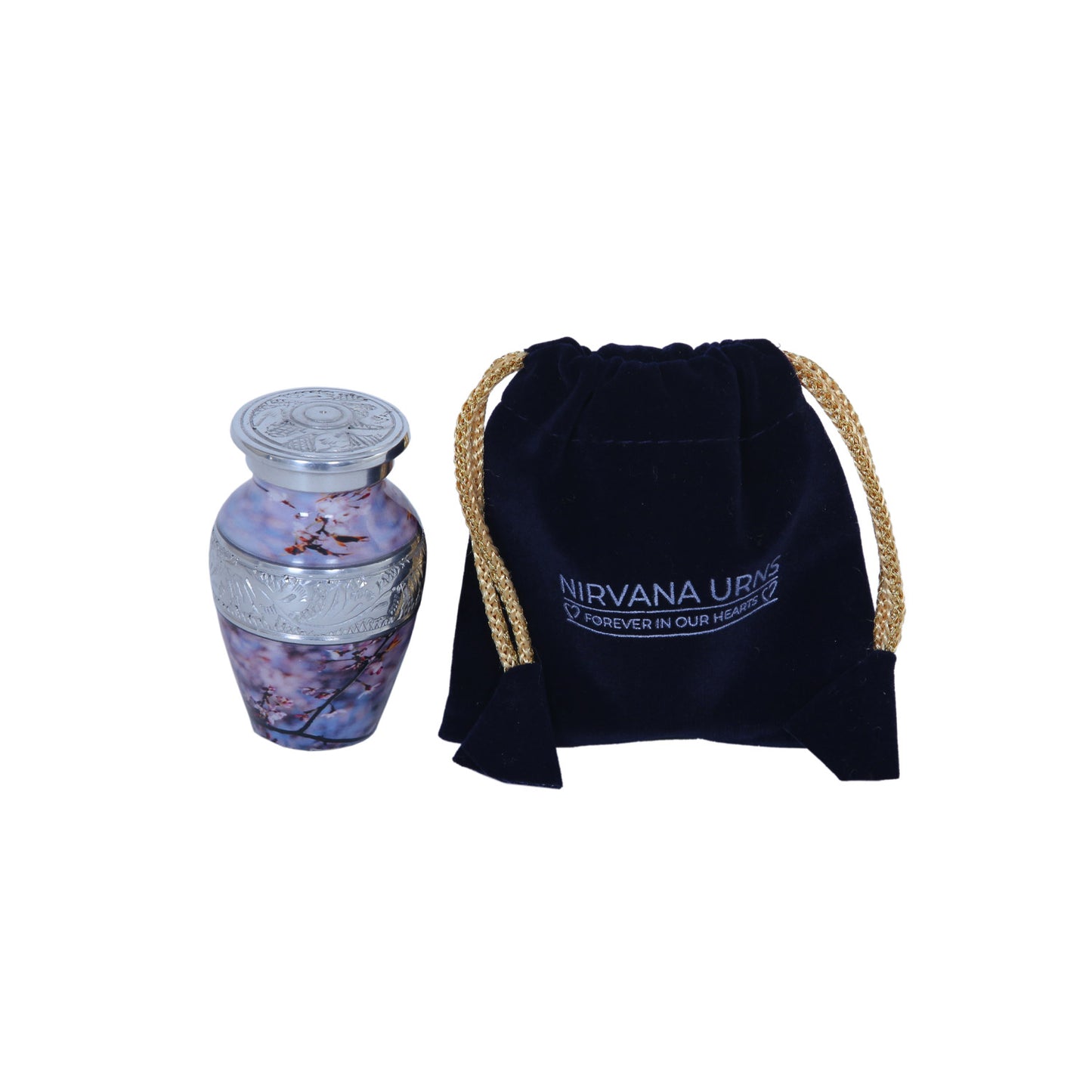 Keepsake Cremation Urn White & Brown Flowers Shrub Design with Velvet Bag - (Product Code NUPNI-K)