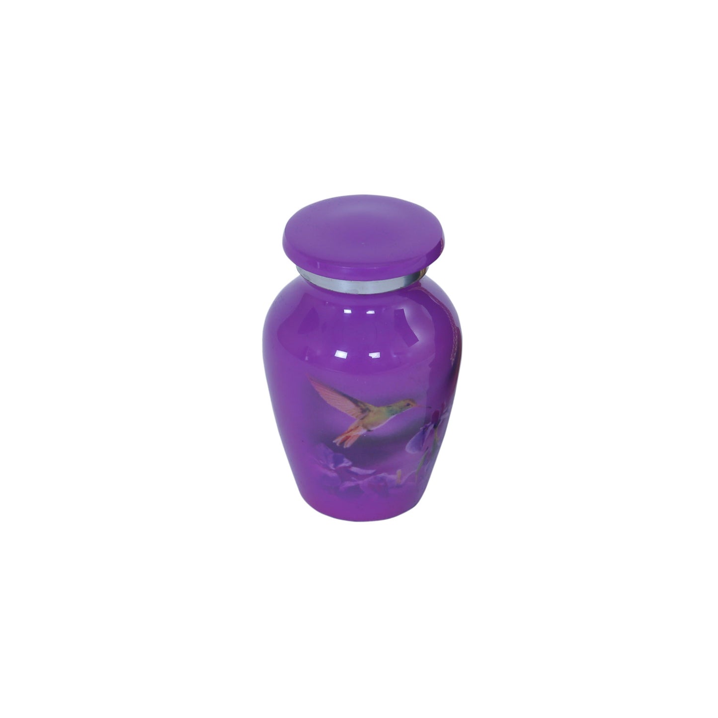 Keepsake Cremation Urn Purple Hummingbird & Flower Design with Velvet Bag (Product Code NUPNK-K)