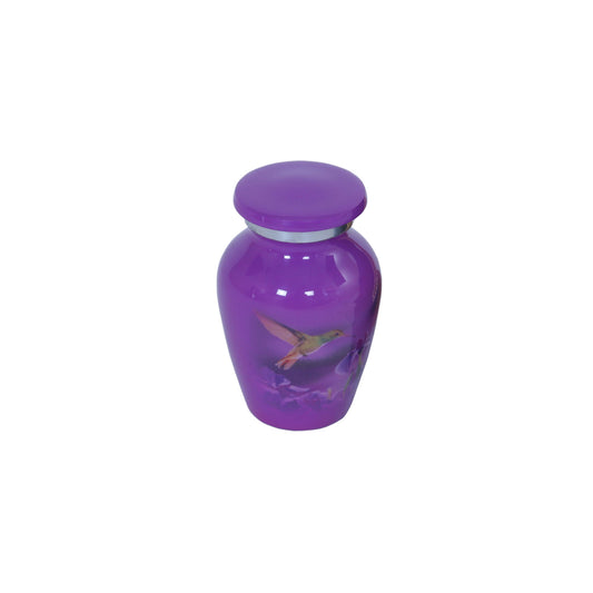 Keepsake Cremation Urn Purple Hummingbird & Flower Design with Velvet Bag (Product Code NUPNK-K)