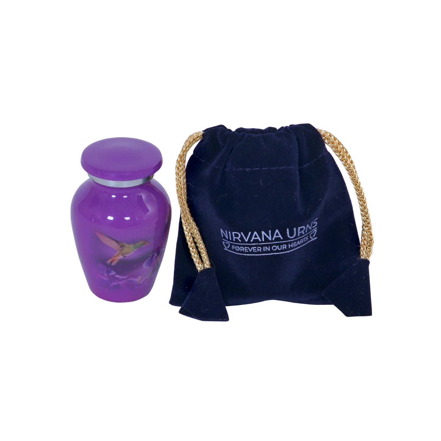 Keepsake Cremation Urn Purple Hummingbird & Flower Design with Velvet Bag (Product Code NUPNK-K)