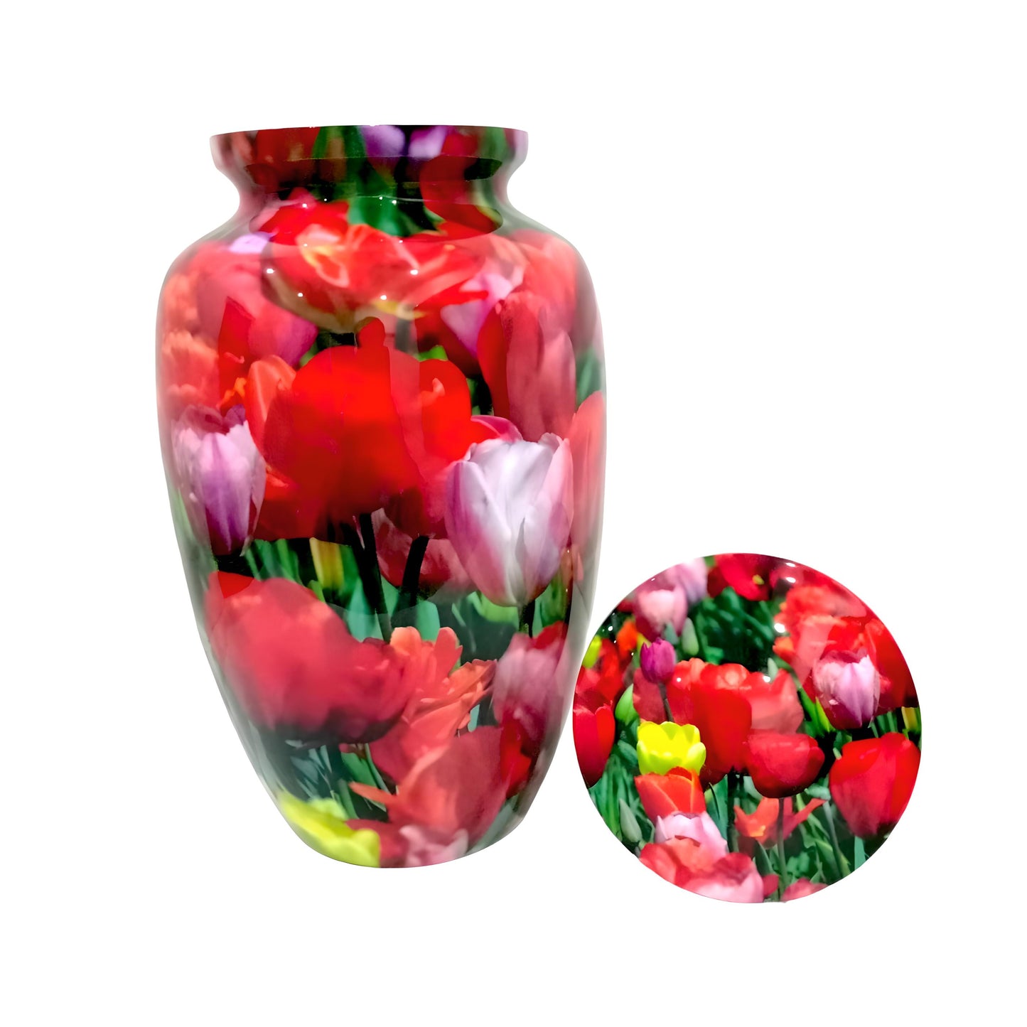Adult Cremation Urn – Red, White & Green Tulip Blossom Design in Gloss Finish (Product Code: NURYPR)
