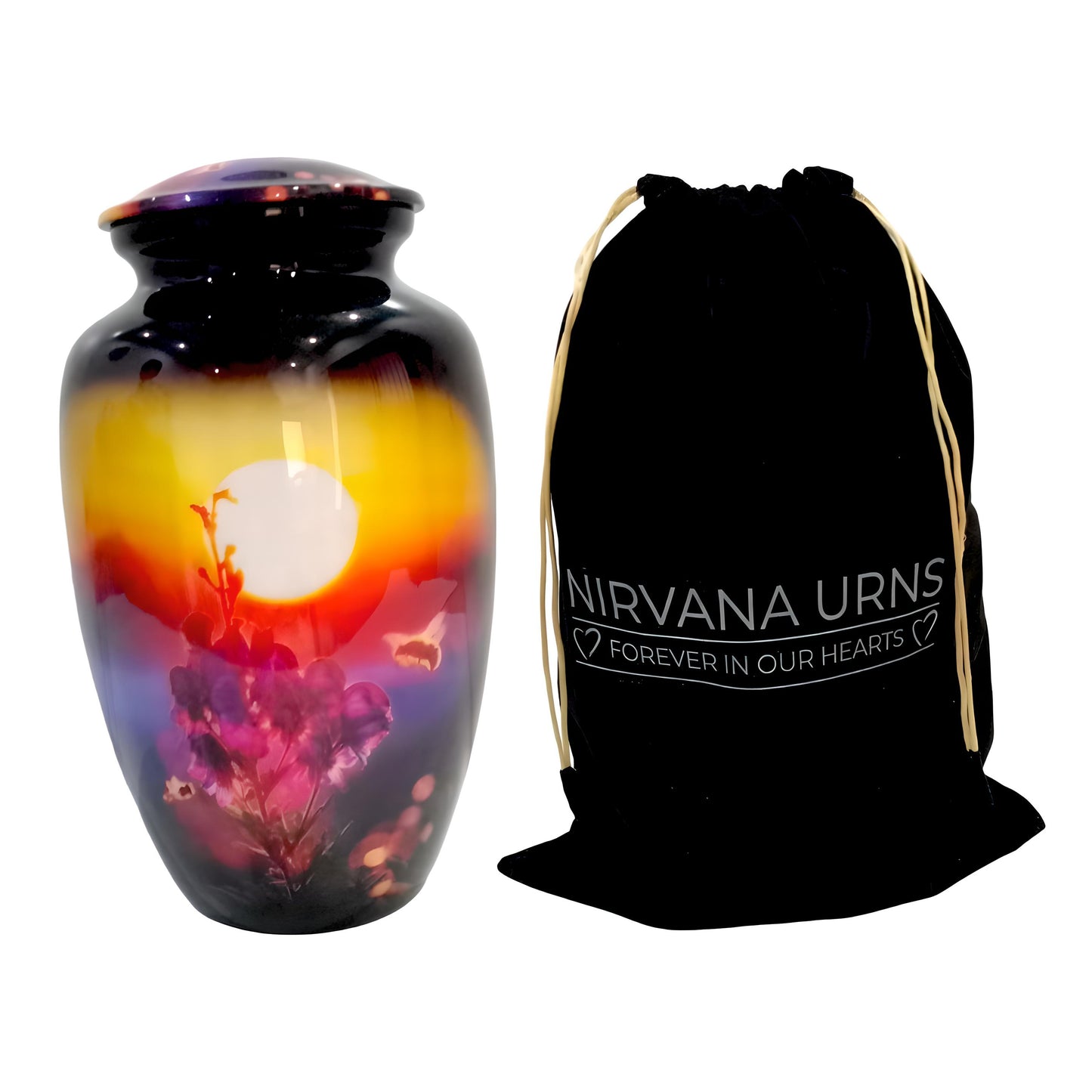 Adult Cremation Urn – Honey Bee & Flower Shrub with Yellow Sunset Design in Gloss Finish (Product Code: NUSFPB)