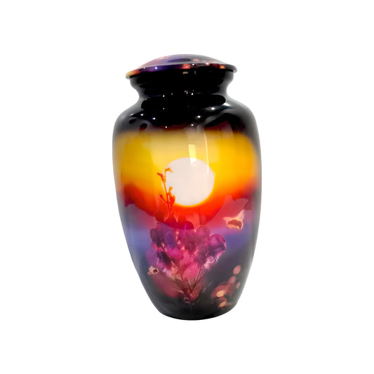 Adult Cremation Urn – Honey Bee & Flower Shrub with Yellow Sunset Design in Gloss Finish (Product Code: NUSFPB)