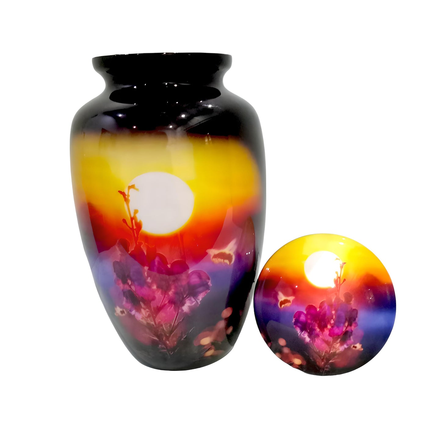 Adult Cremation Urn – Honey Bee & Flower Shrub with Yellow Sunset Design in Gloss Finish (Product Code: NUSFPB)