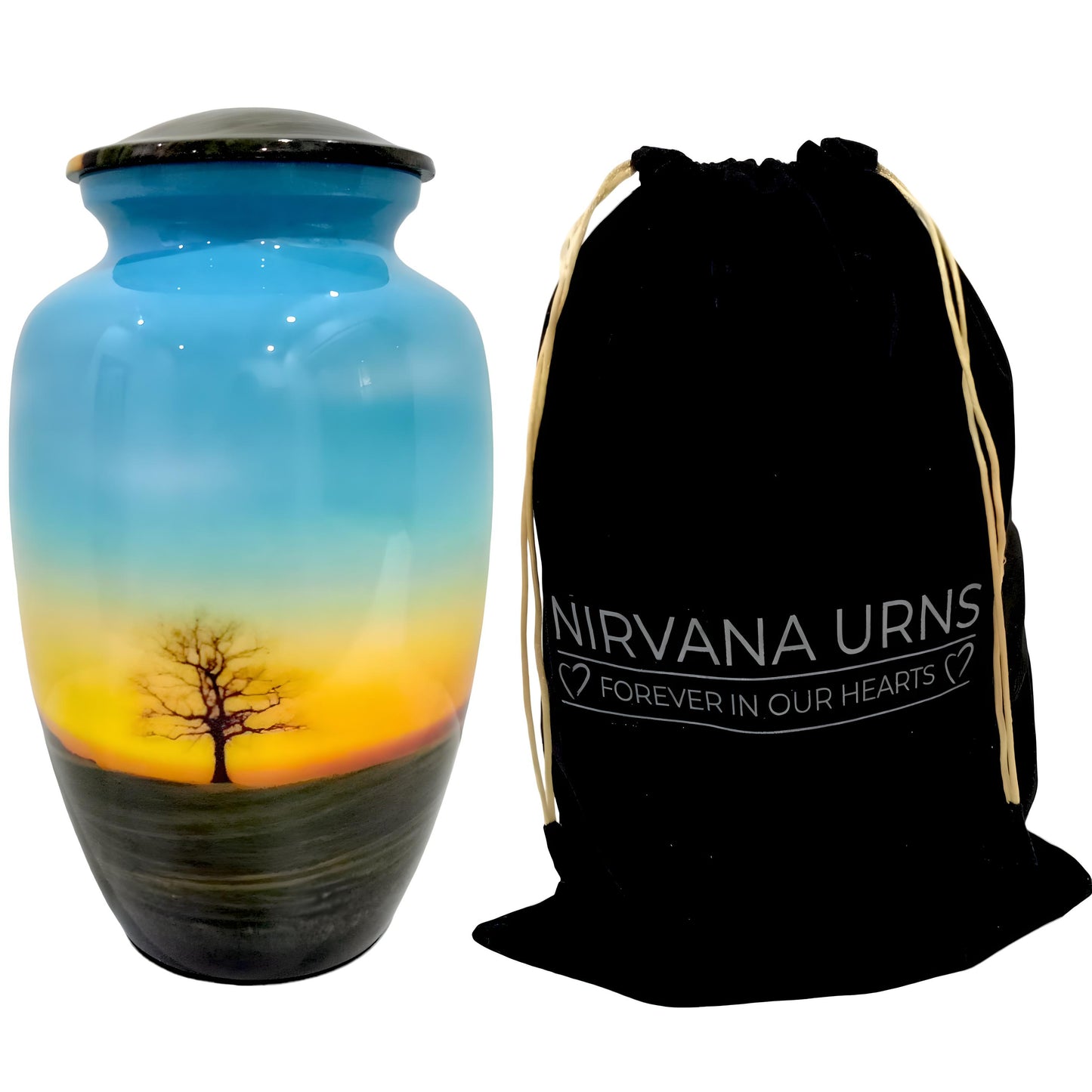Adult Cremation Urn Tranquil Sunset with Lone Tree Design & Velvet Bag (Product Code NUTTH)