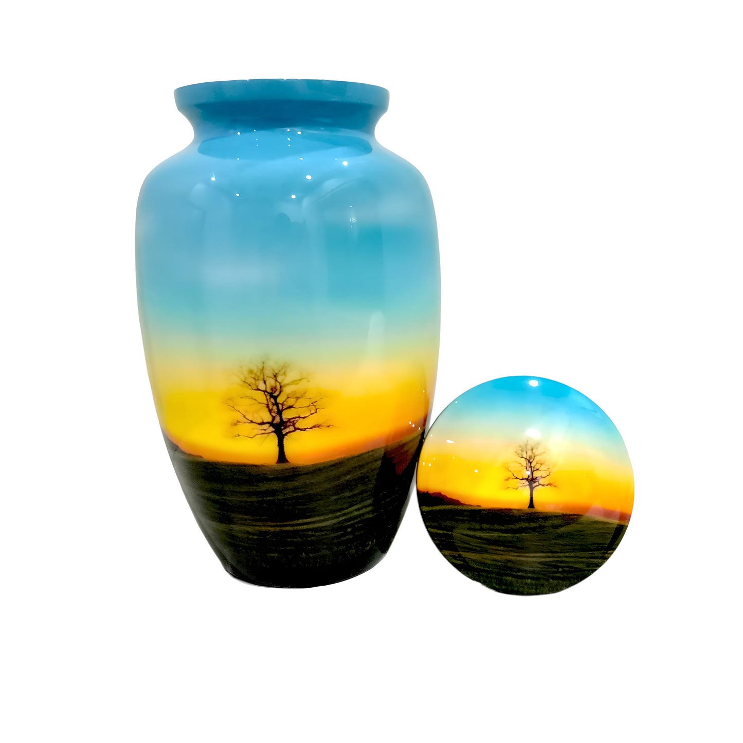 Adult Cremation Urn Tranquil Sunset with Lone Tree Design & Velvet Bag (Product Code NUTTH)