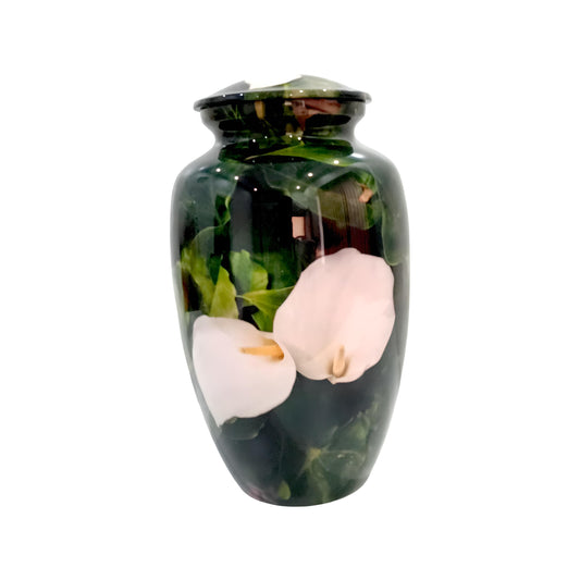 Adult Cremation Urn - White Flower on Green Leaves (product code: NUWPBL)