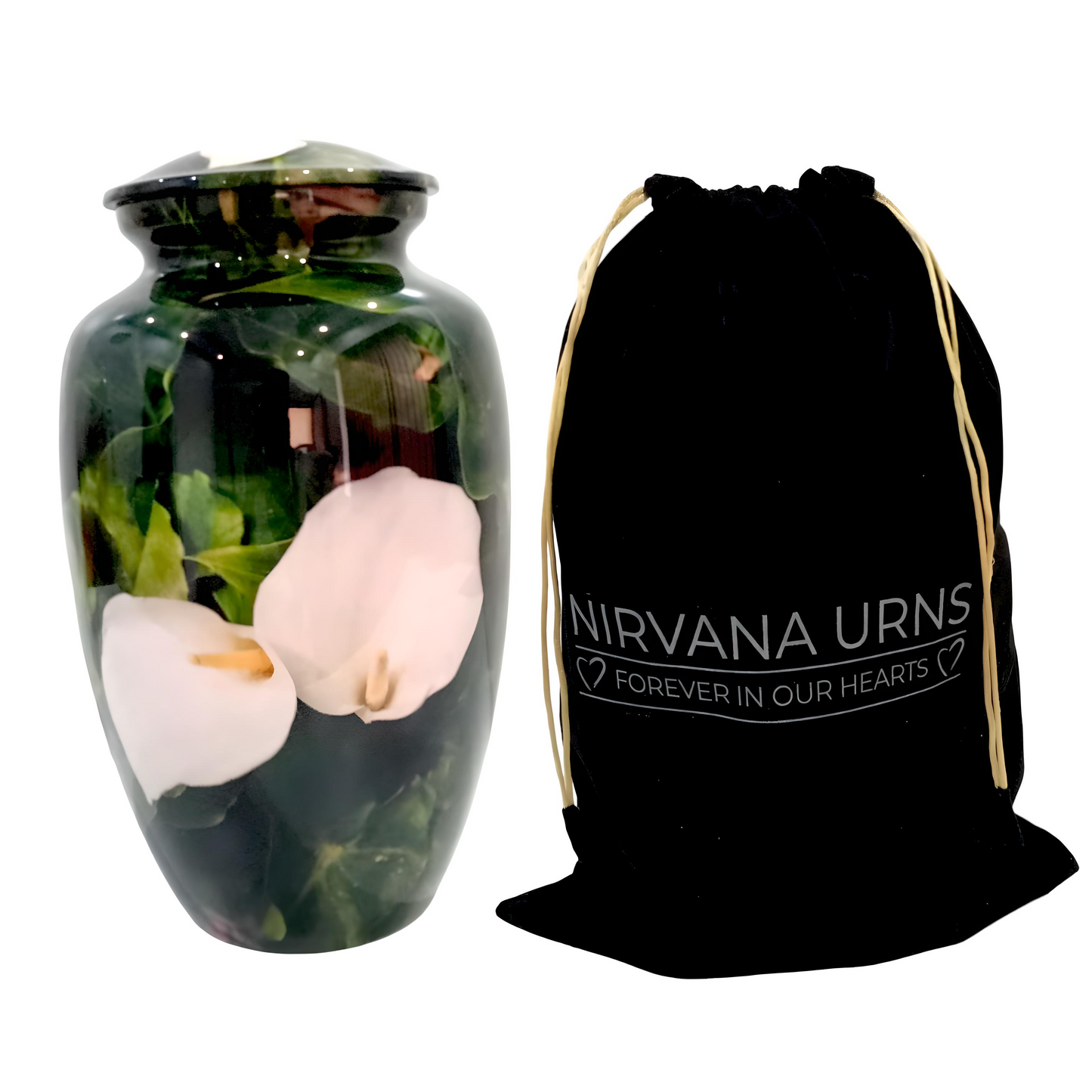 Adult Cremation Urn - White Flower on Green Leaves (product code: NUWPBL)