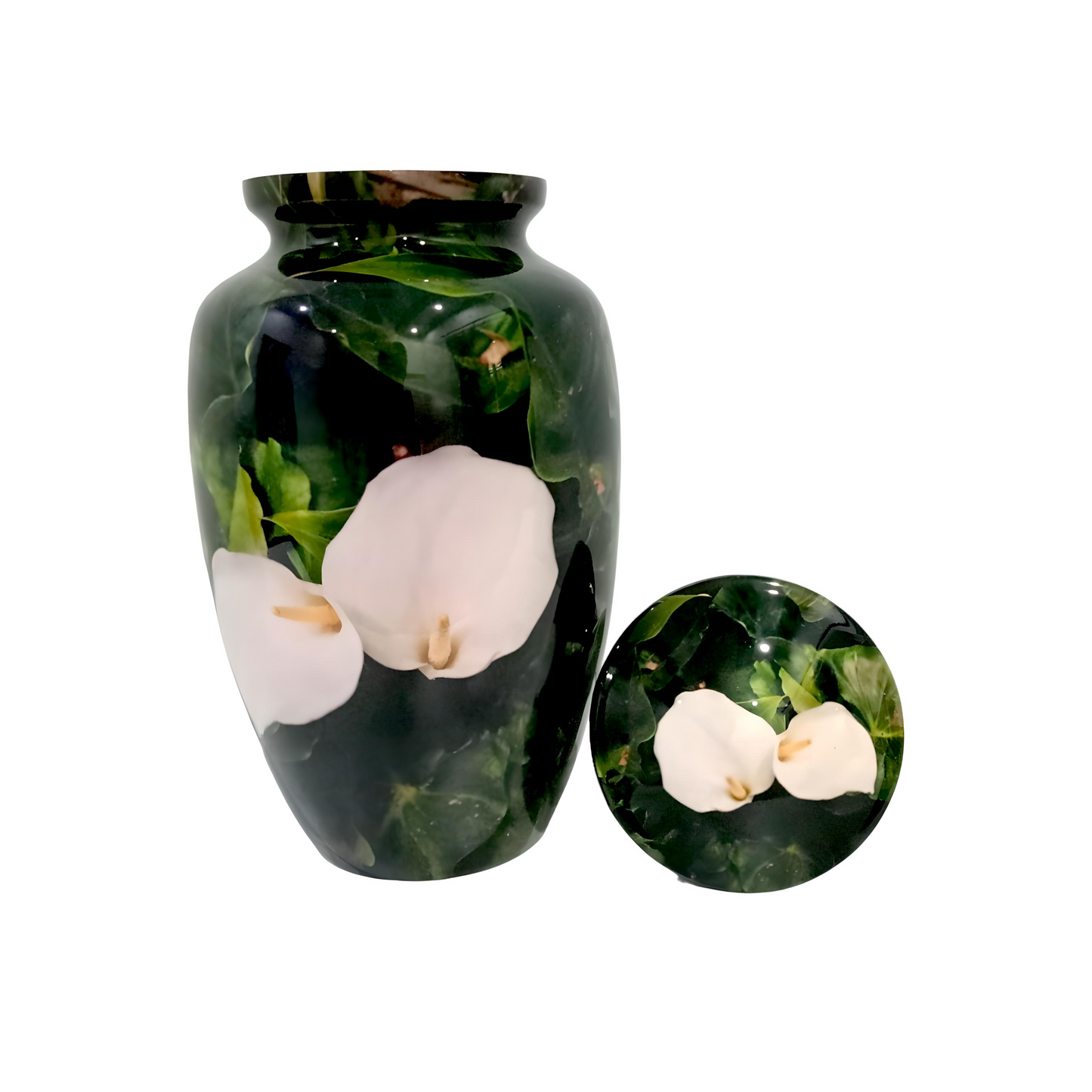 Adult Cremation Urn - White Flower on Green Leaves (product code: NUWPBL)