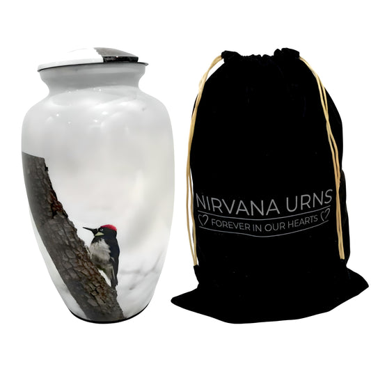 Adult Cremation Urn White Woodpecker Design with Velvet Bag (Product Code NUWP)