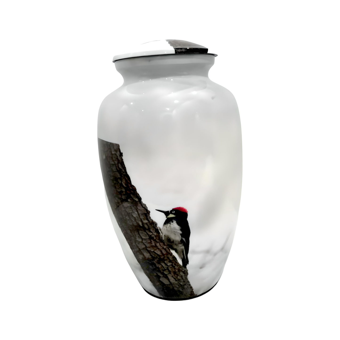 Adult Cremation Urn White Woodpecker Design with Velvet Bag (Product Code NUWP)