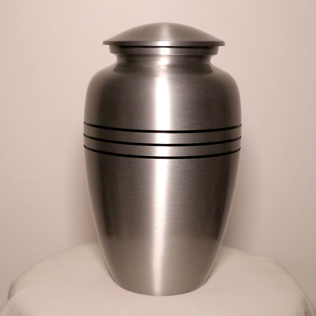 Adult Cremation Urn Solid Silver & Three Black Stripes with velvet bag (Product Code NUSTBS-A)