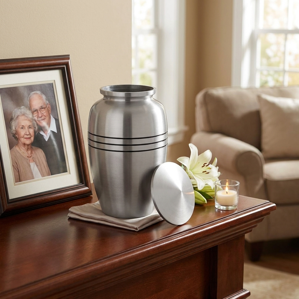 Adult Cremation Urn Solid Silver & Three Black Stripes with velvet bag (Product Code NUSTBS-A)
