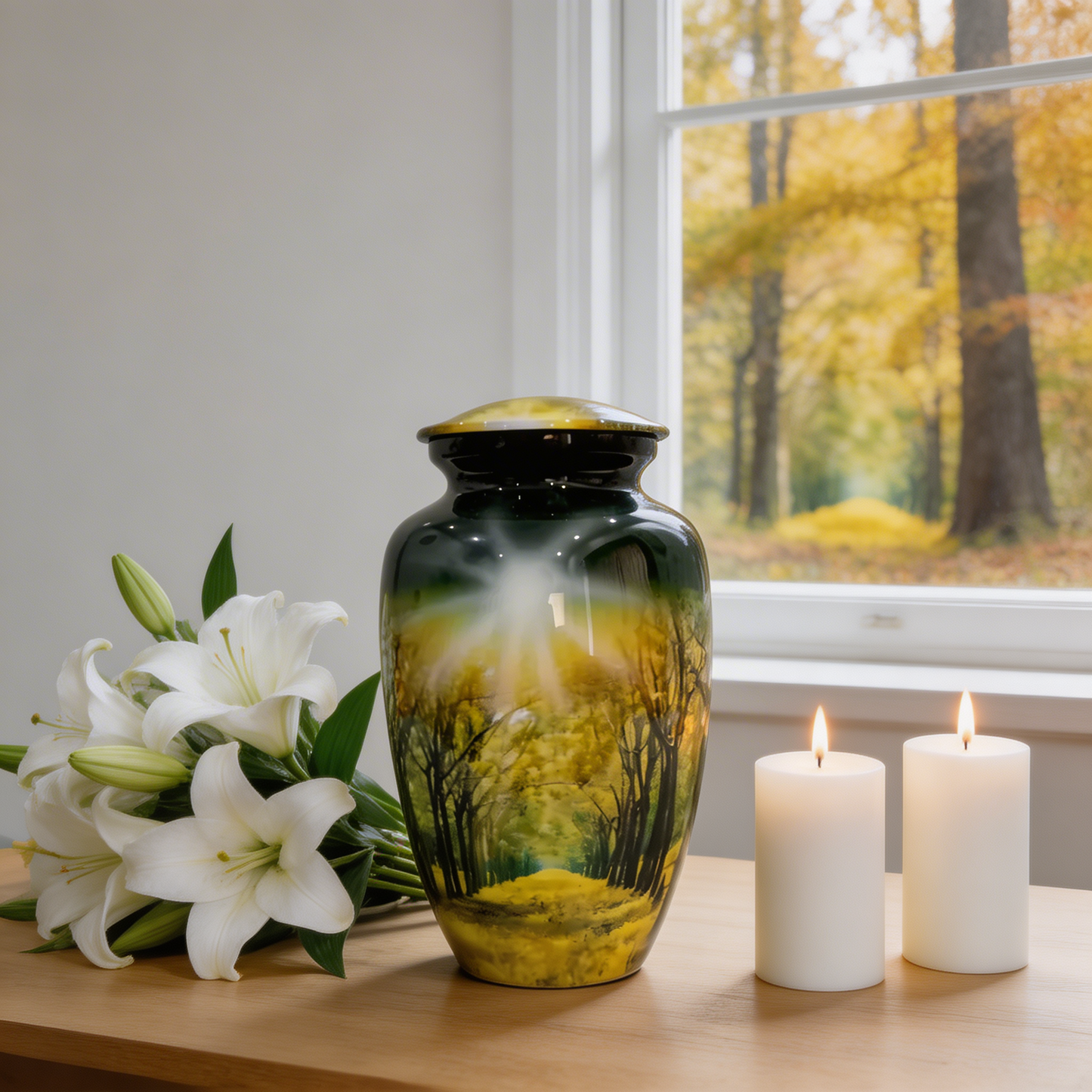 Adult Cremation Urn - Autumn Trees with Falling Leaves (product code: NUTRT)