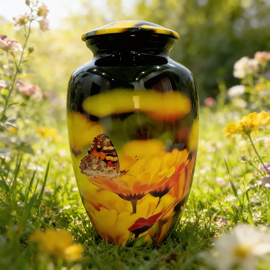 Adult Cremation Urn - Butterfly on Sunflower (product code: NUYFB)