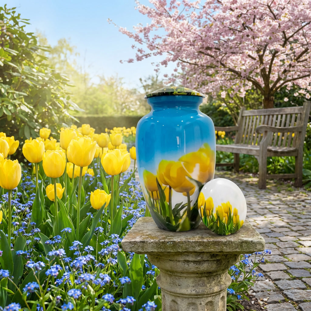 Adult Cremation Urn - Golden Tulips under Blue Sky (product code: NUYTP)