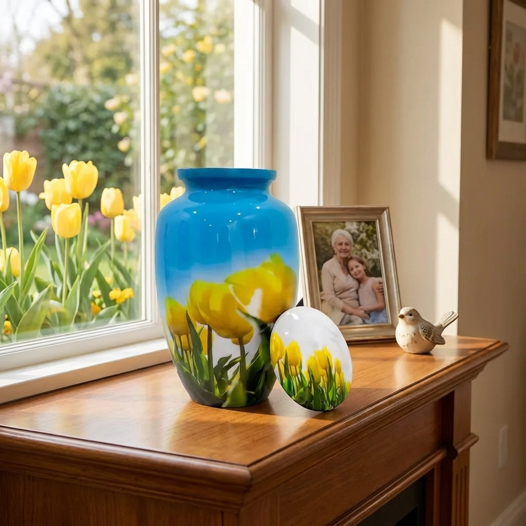 Adult Cremation Urn - Golden Tulips under Blue Sky (product code: NUYTP)