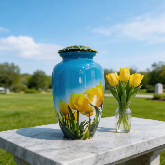 Adult Cremation Urn - Golden Tulips under Blue Sky (product code: NUYTP)