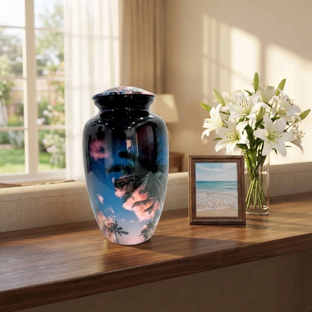 Adult Cremation Urn - Palm Trees and Blue Sky (product code: NUVSCT)