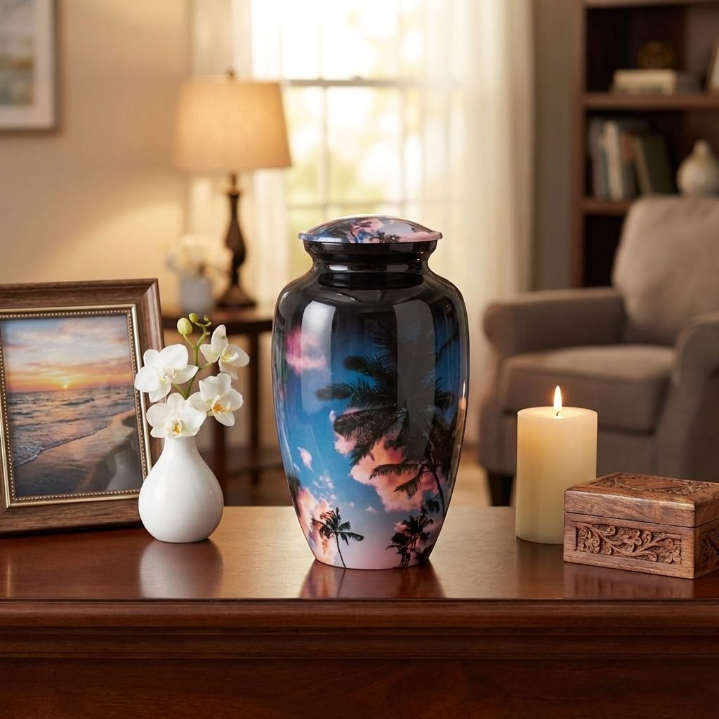 Adult Cremation Urn - Palm Trees and Blue Sky (product code: NUVSCT)